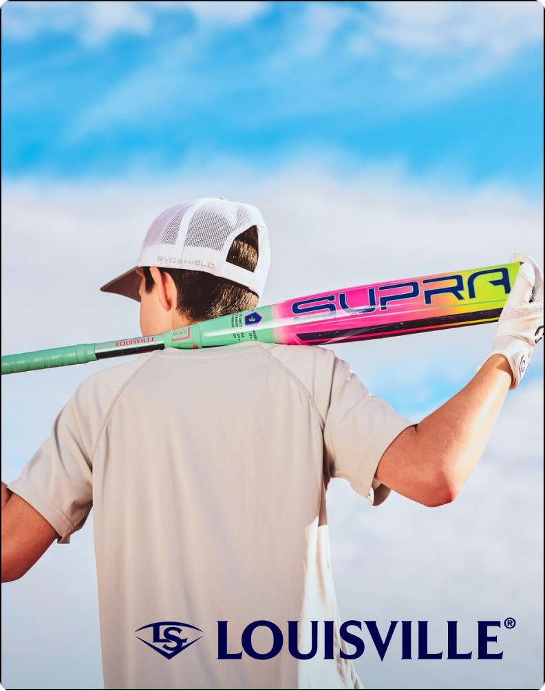 Close-up of a multicolored Louisville Slugger 2027 Supra Baseball Bat held outdoors.