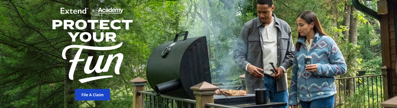 Extend and Academy Sports + Outdoors promotional banner. Text reads, “Protect Your Fun.” A call-to-action button reads, “File A Claim.” Background image shows two people standing beside a smoker grill on a wooden deck surrounded by trees. Smoke rises from the grill as food cooks. The banner promotes Extend protection plans available through Academy Sports + Outdoors.