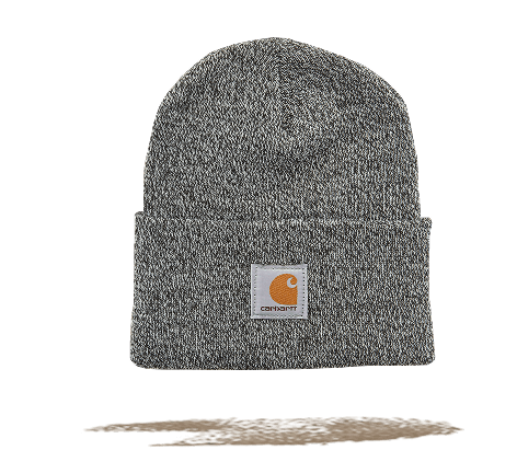 Gray knit beanie with a Carhartt logo patch on the front displayed on a light gray background.