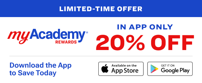Promotional banner for myAcademy Rewards  20 percent off in-app purchases and download links for the App Store and Google Play store.