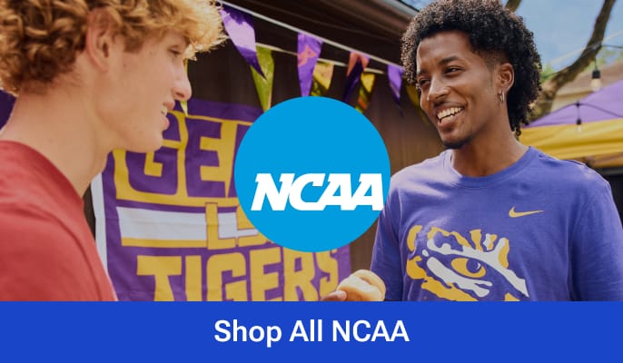 College football tailgate scene with fans standing in front of team-branded tents and flags. NCAA logo appears in the center. CTA text reads 
