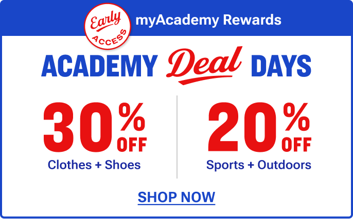 Academy Deal Days promotional graphic showing online‑only savings for myAcademy Members with 30% off clothes and shoes and 20% off sports and outdoors. Includes a ‘Shop Now’ call‑to‑action and note that discount is applied in cart; exclusions apply.
