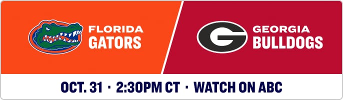 Matchup graphic featuring the Florida Gators logo and Georgia Bulldogs logo. Text reads: FLORIDA GATORS vs GEORGIA BULLDOGS.