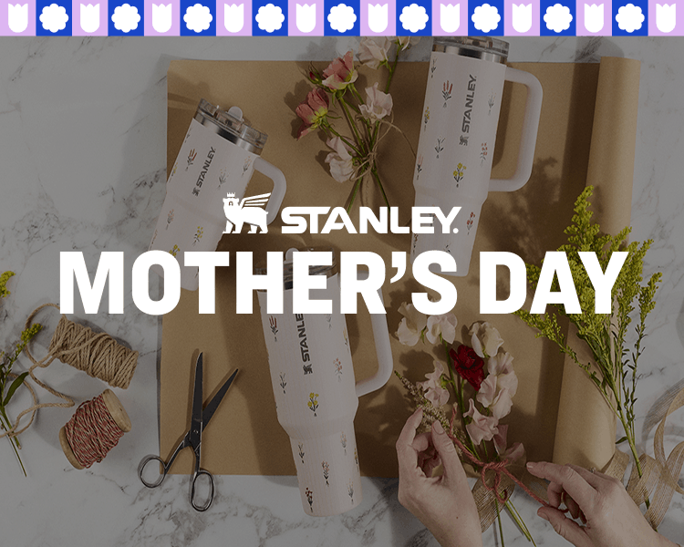 Stanley Mother's Day Collection drinkware set with handled tumblers and cups featuring a subtle floral design.