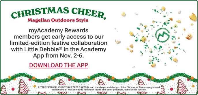 Holiday-themed promotional banner with text: Christmas Cheer, Magellan Outdoors Style. myAcademy Rewards members get early access to a limited-edition festive collaboration with Little Debbie in the Academy App from Nov. 2-6. QR code panel reads: App Early Access | Coming 11/2. Scan the QR code to download the app and be the first to shop in November.