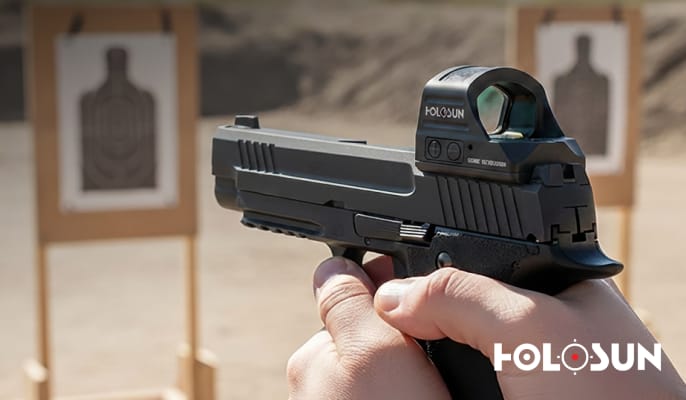 Hand holding a pistol equipped with a Holosun red dot sight at a shooting range. Holosun logo appears in the lower-right corner.