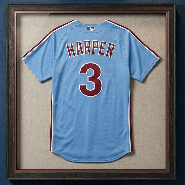 Framed light blue Bryce Harper baseball jersey with red and white lettering and number 3 on the back.