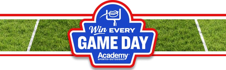 Football field background with yard lines and a centered “Win Every Gameday” Academy Sports + Outdoors graphic.