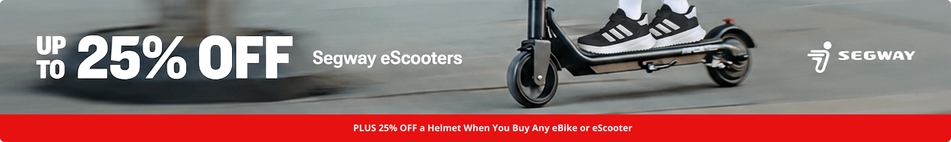 Up to 25% off eScooters promotional banner featuring a rider on an electric scooter, with Segway branding. Additional offer states plus 25% off a helmet when purchasing any eBike or eScooter.