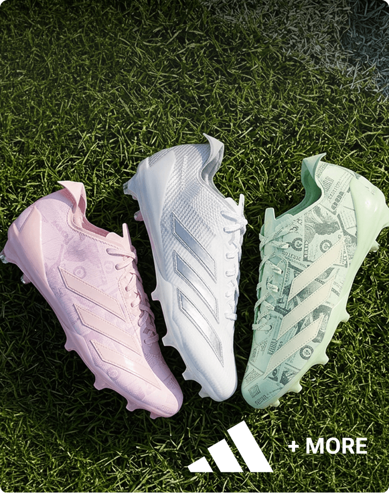 Three pairs of soccer cleats in pastel colors displayed on grass with overlaid adidas logo + MORE.