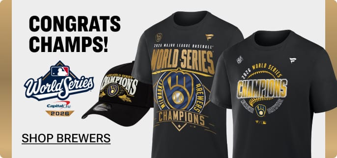 Promotional banner featuring Milwaukee Brewers officially licensed World Series™ championship gear and overlaid text: CONGRATS CHAMPS.