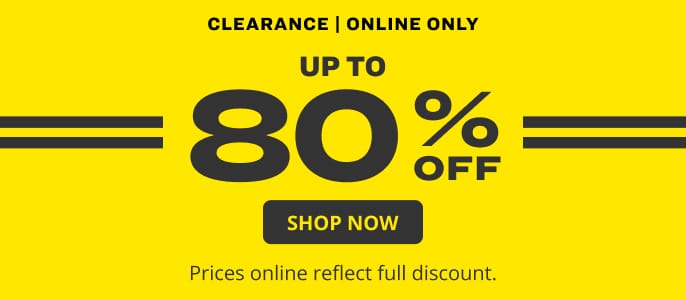 Online clearance promotion featuring a bright yellow background with text announcing up to 80% off clearance items and a Shop Now button.