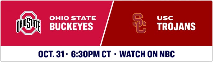 Matchup graphic featuring the Ohio State Buckeyes logo and USC Trojans logo. Text reads: OHIO STATE BUCKEYES vs USC TROJANS.