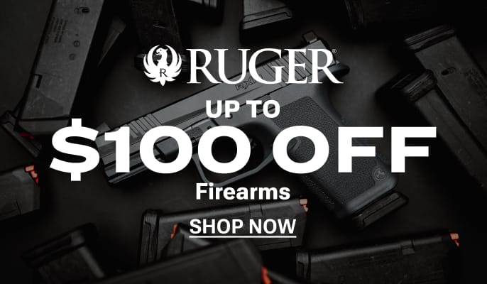 Ruger firearms promotion featuring handguns on a dark background with text advertising up to $100 off firearms.