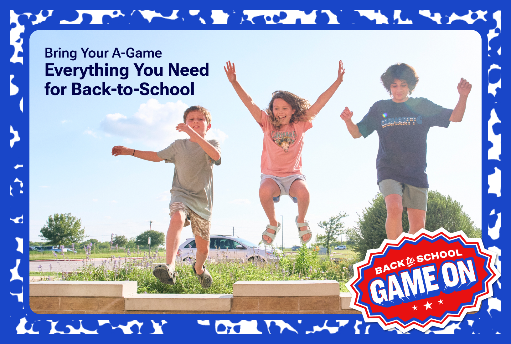 Three students taking a selfie in a classroom with a Back-to-School Game On badge overlaid.