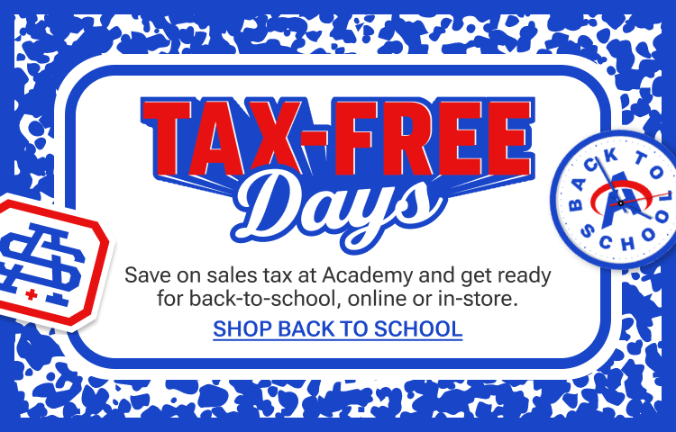Back-to-school Tax-Free Days promotional banner with blue border, red and white headline text, and call to shop back-to-school savings online or in-store.