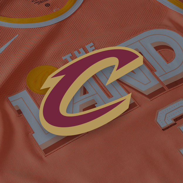 Cleveland Cavaliers logo overlaid on top of a closeup of Spurs NBA jersey.