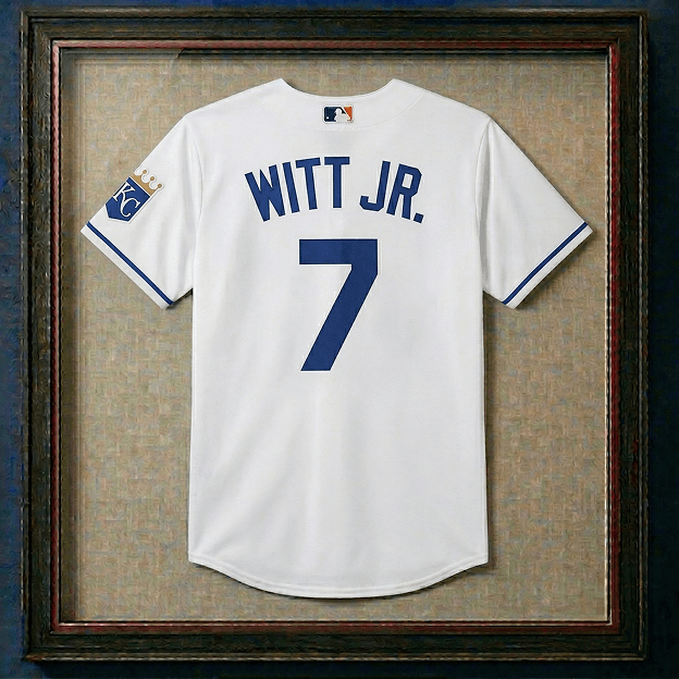 Framed white Bobby Witt Jr. baseball jersey with blue lettering and number 7 on the back.