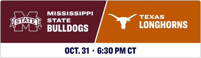 Matchup graphic featuring the Mississippi State Bulldogs logo and Texas Longhorns logo. Text reads: MISSISSIPPI STATE BULLDOGS vs TEXAS LONGHORNS.