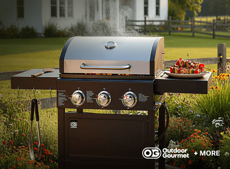 Outdoor gourmet 3 burner gas grill shown on a patio with food.
