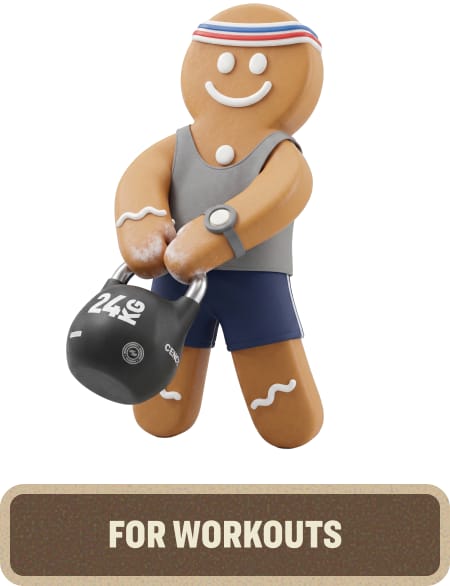 Gingerbread character in athletic clothing lifting a black kettlebell. Text below reads “For Workouts.”