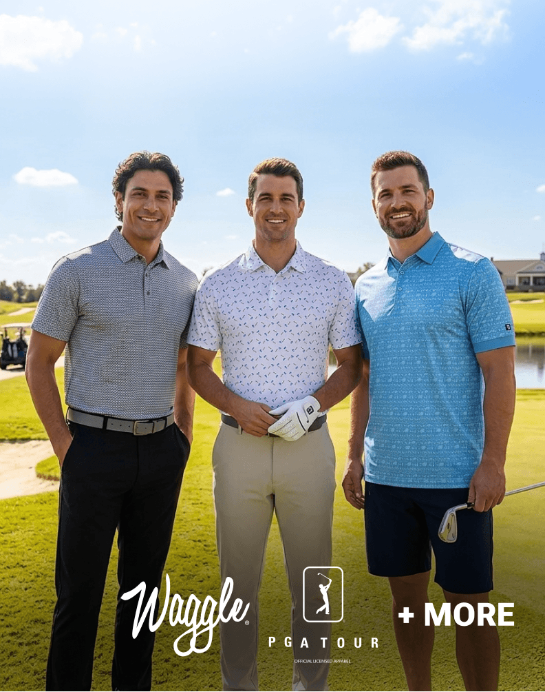 Three men wearing golf polos from Waggle and PGA Tour on a golf course.