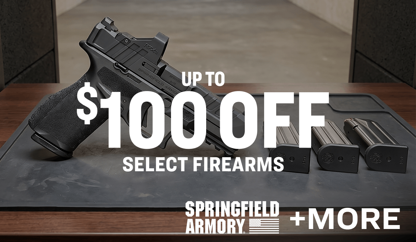 Promotional image showing a handgun resting on a shooting bench next to three magazines, with large text reading “Up to $100 Off Select Firearms” and brand text “Springfield Armory + More.”