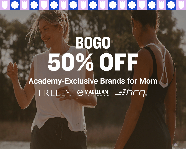 Two women wearing casual FREELY athletic apparel outdoors, highlighting an Academy-exclusive brand BOGO 50% off.