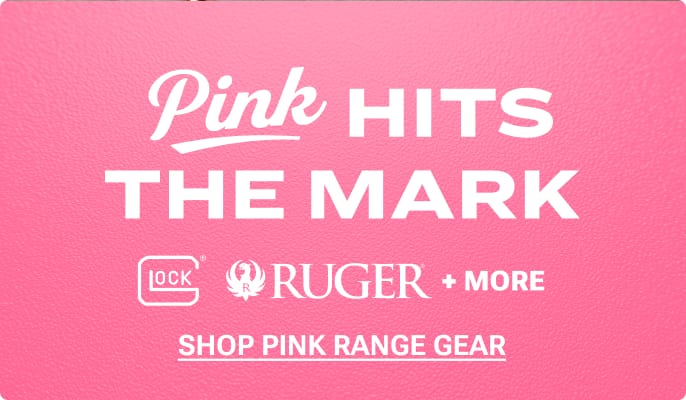 Trending this October. “Pink is the New Black. Shop Pink Guns.” Pink handgun displayed on a tan canvas bag with shooting glasses and hearing protection nearby.