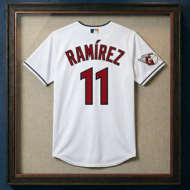 Framed white Jose Ramirez baseball jersey with red lettering and number 11 on the back.