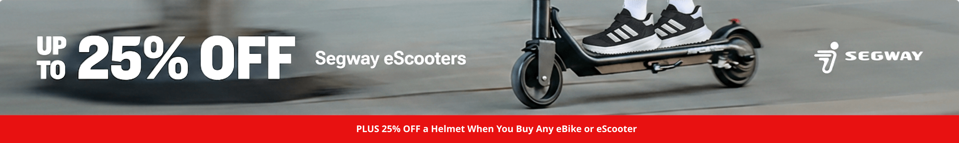 Up to 25% off Segway eScooters promotion with a person riding a Segway electric scooter.