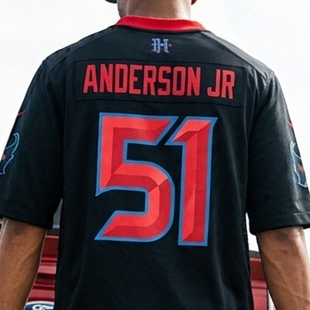 Back view of a black Houston Texans jersey with the name 'Anderson Jr.' and number 51.