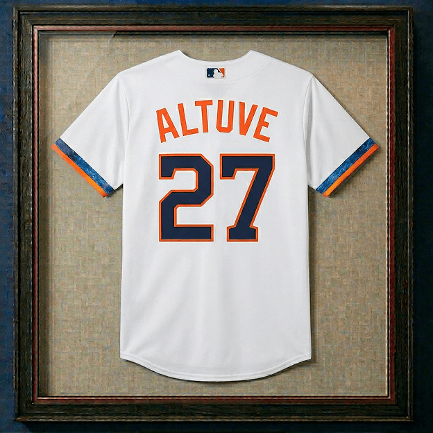 Framed white Jose Altuve baseball jersey with orange lettering and number 27 on the back.