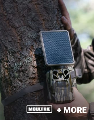 Close-up of a camouflage game camera being mounted to a tree with a strap.