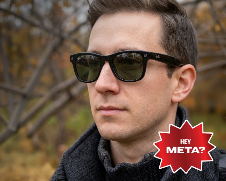 Product tile for Ray-Ban Meta AI sunglasses displayed on a dark background. Overlay red badge that says “Hey Meta?”