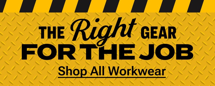 Yellow workwear promotion banner with a caution-stripe border and the message 'The Right Gear for the Job. Shop All Workwear.'