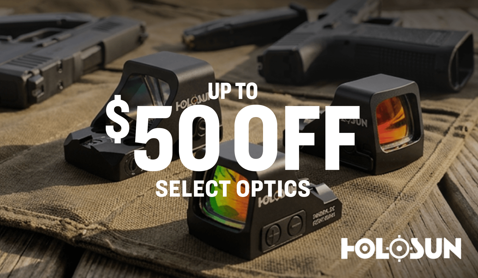 Holosun reflex sights displayed on a tactical surface, promoting up to $50 off select Holosun optics.
