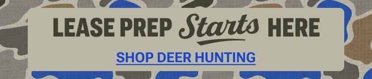 Camouflage-themed hunting banner with text “Lease Prep Starts Here” and link to shop deer hunting products.