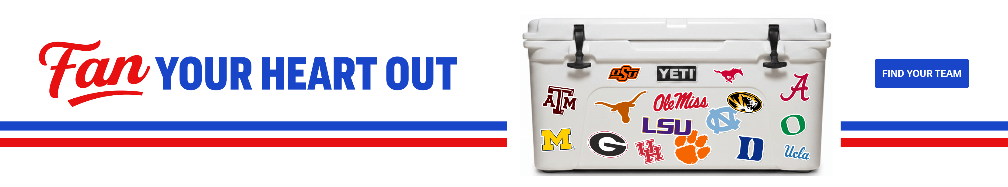 Fan your heart out. Find your team. Cooler covered in college team stickers.