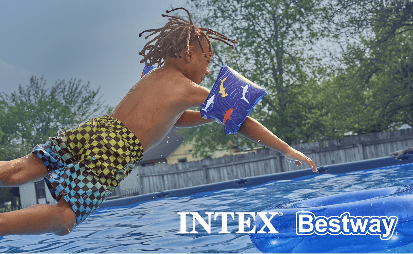 Family swimming in an above-ground pool in a backyard, with logos from Intex and Bestway overlaid.