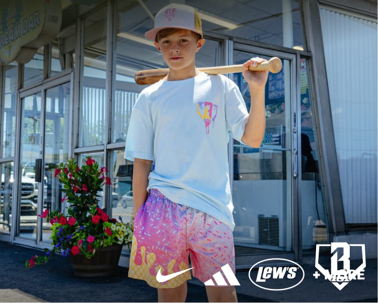Child standing outside a storefront holding a baseball bat while wearing a white graphic T-shirt and colorful shorts from the Ice Cream Collection, with Baseball Lifestyle 101 logo overlay.