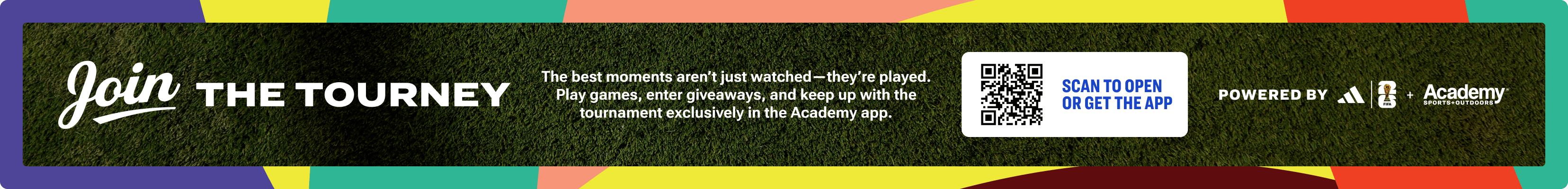 Promotional graphic offering a chance to join the tourney exclusively in the Academy app to play games, enter giveaways, and more with an 'Open or Get the App' CTA.