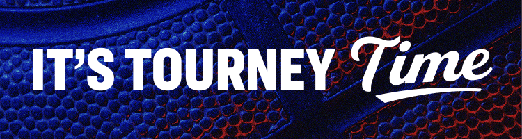 Promotional banner with a red and blue basketball texture and the copy ‘It’s Tourney Time'.