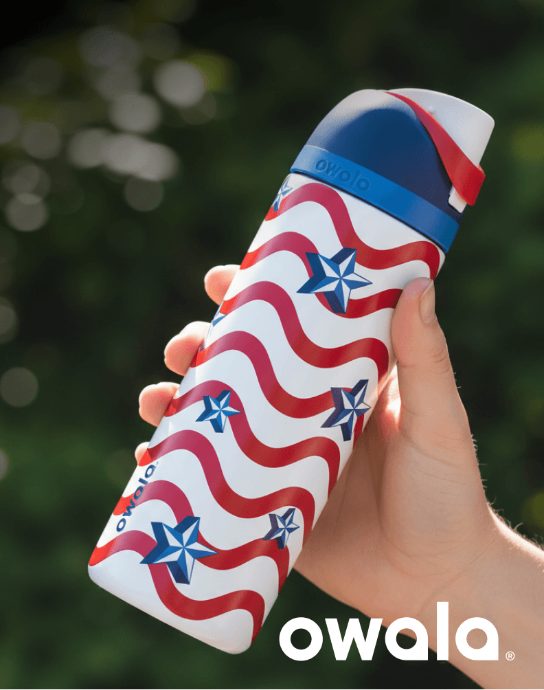 Exclusive Patriotic Owala water bottle with red, white, and blue star and wave design.