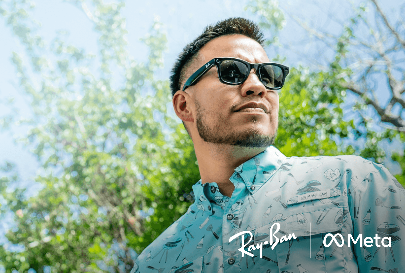 Person wearing Ray-Ban Meta smart glasses outdoors.