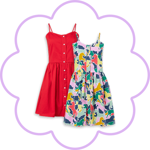 Two women's dresses, including a red sleeveless dress and a colorful floral dress, displayed on a white background with a purple flower outline.