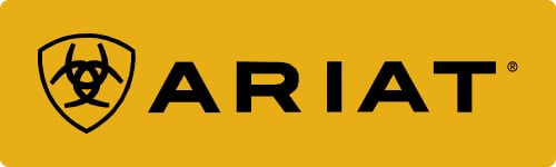 Ariat brand logo displayed on a yellow rectangular background.