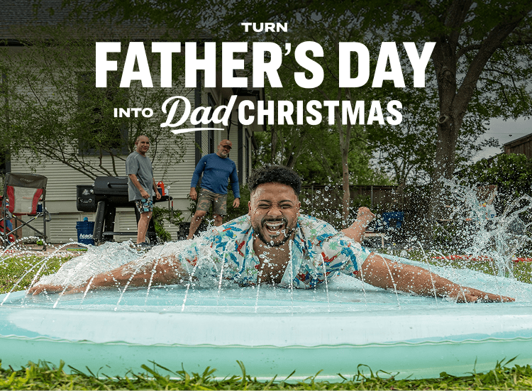 Outdoor summer scene with family activity and bold headline ‘Turn Father’s Day into Dad Christmas’ promoting gift categories under $25, $50, $100, and gift cards.