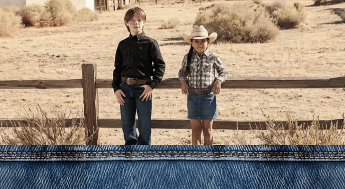 Two children wearing Western-style clothing standing by a wooden fence in a desert ranch environment; one in a button-down shirt and jeans, the other in a plaid shirt and western skirt with a cowboy hat.