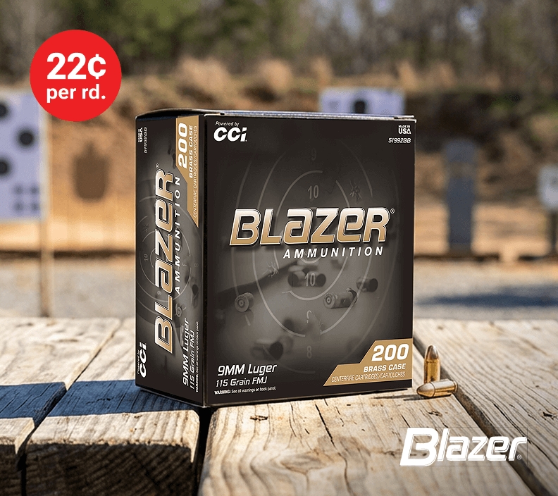 Box of Blazer Ammunition with 200 rounds displayed on a wooden surface outdoors. Priced at 23 cents per round.